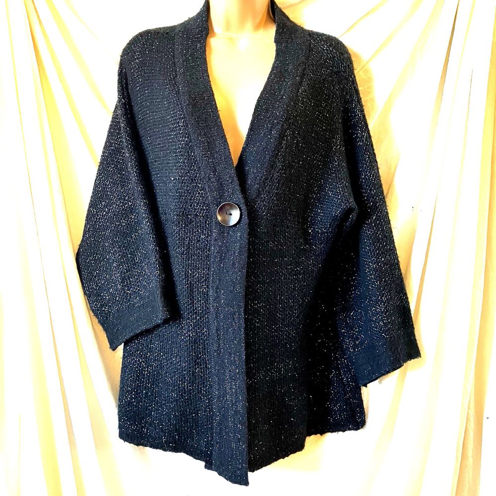 Carolyn Taylor Cardigan Sweater Knit Crochet M Black Metallic Lagenlook Flowy
